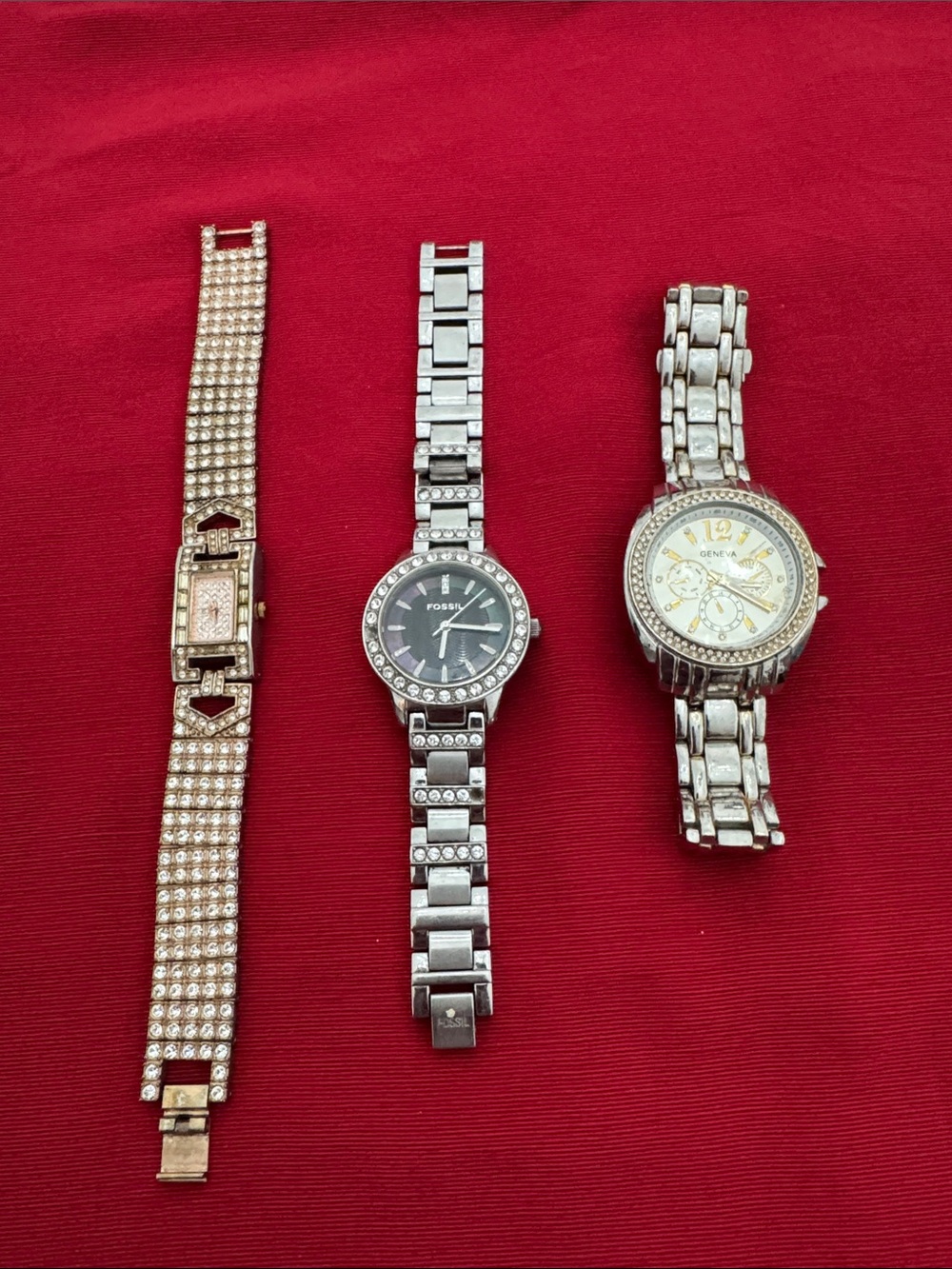 Geneva Elite, Fossil & Geneva Set of 3 Silver & Gold tone Crystal Watches (OLCC)